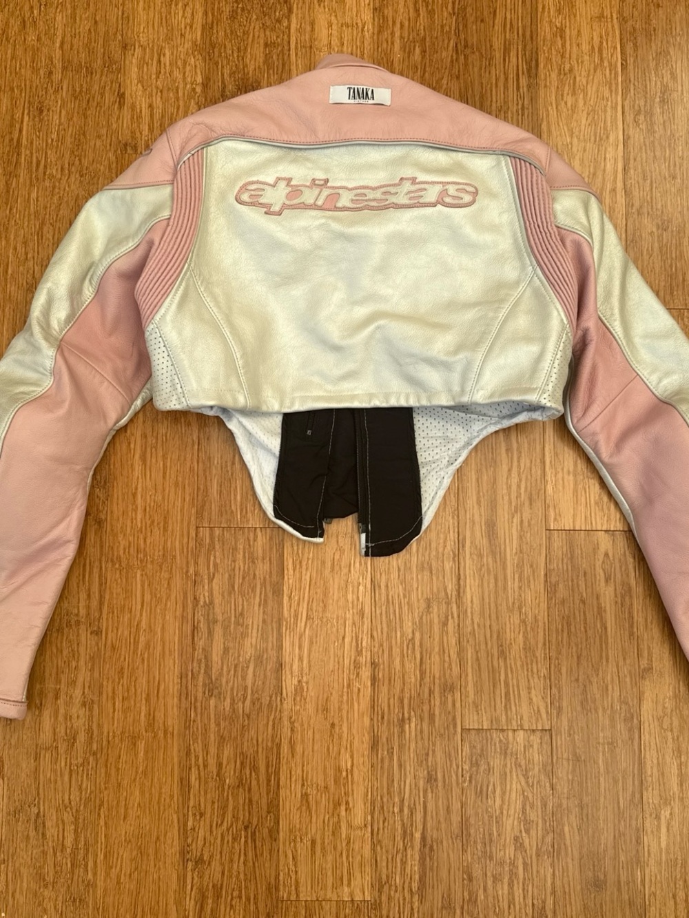 TANAKA VINTAGE $955 Msrp Alpinestars upcycled. pink and cream leather jacket LG